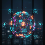 Representación abstracta de IA de voz en empresas 2026 y computación ambiental con flujos de datos coloridos.