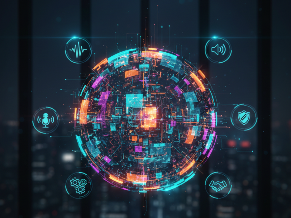 Representación abstracta de IA de voz en empresas 2026 y computación ambiental con flujos de datos coloridos.